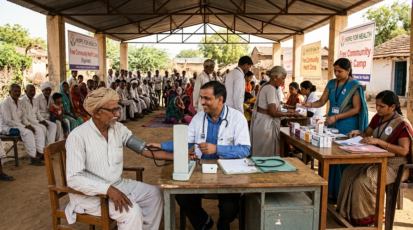 Doctors and volunteers conducting community medical checkup camp